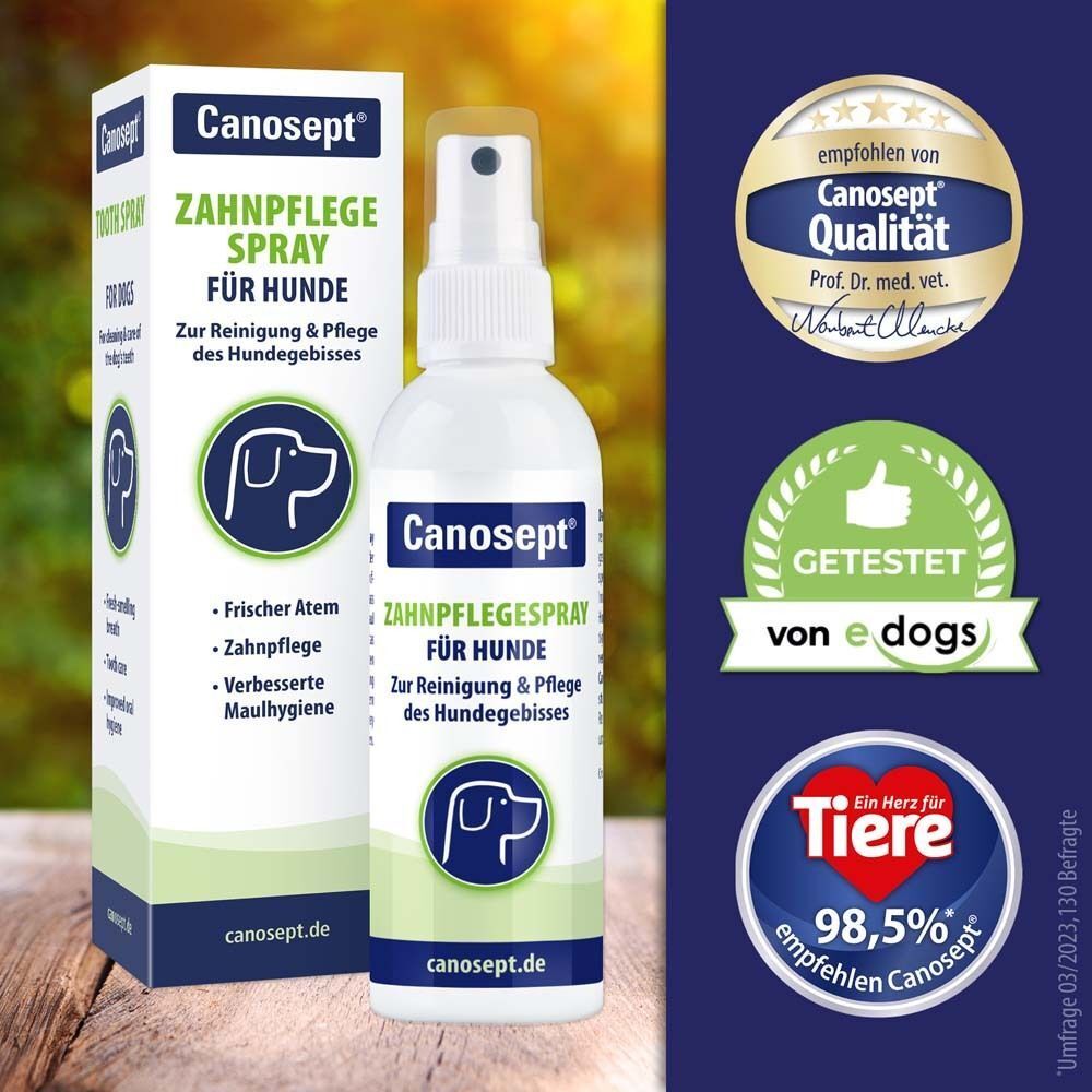 Canosept Zahnpflege Spray für Hunde mit Verpackung. Zertifizierungen: Tierliebe, e dogs, Qualität.