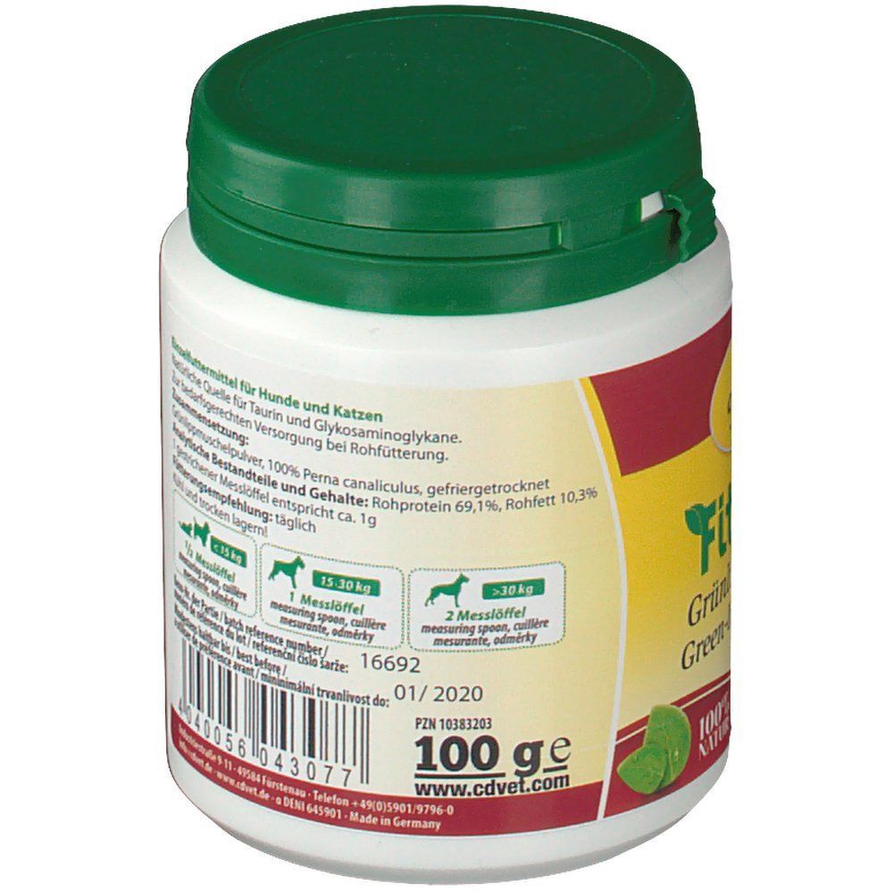 Weiße Dose mit grünem Deckel. Rückseite mit Text. Aufschrift: Grünlippmuschel. Logo cdVet. 100 g. Mindestens haltbar bis.