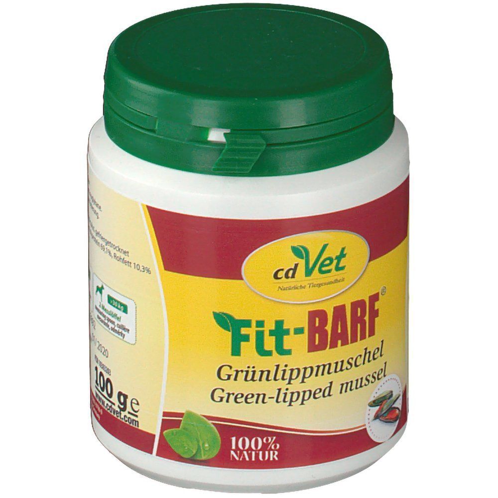 Weiße Dose mit grünem Deckel. Aufschrift: Fit-BARF Grünlippmuschel. Logo cdVet. 100% Natur. 100 g.