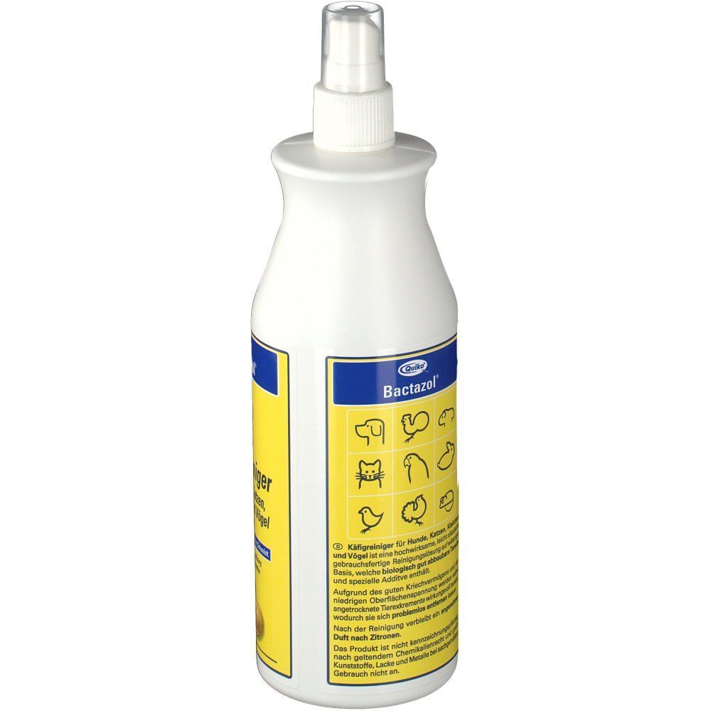 Weiße Sprühflasche mit gelbem Etikett. Aufschrift Bactazol Käfigreiniger. Piktogramme von Tieren.