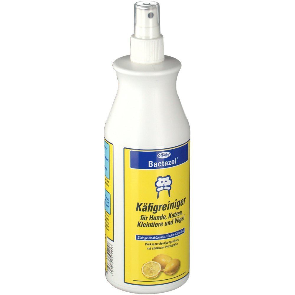 Weiße Sprühflasche mit gelbem Etikett. Aufschrift Bactazol Käfigreiniger. Abbildung von Zitronen.