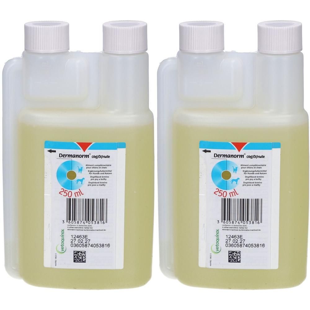 Zwei Flaschen mit weißem Verschluss und Etikett. Aufschrift: Dermanorm Öl, 250 ml. Für Hunde und Katzen.