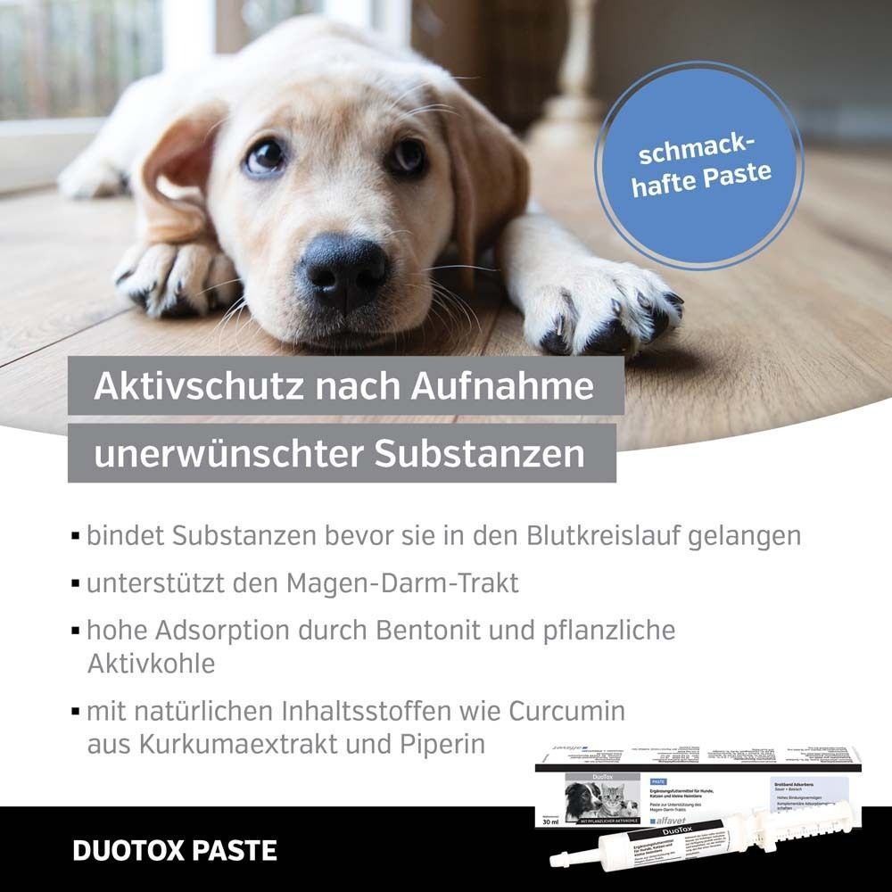 Hund liegt. Text: DuoTox Paste. Produktverpackung mit Hund und Katze. Text: Aktivschutz nach Aufnahme unerwünschter Substanzen.
