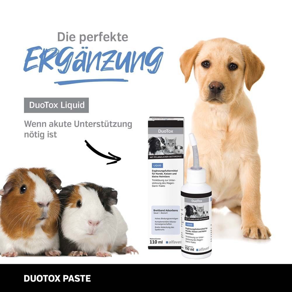 Hund, Meerschweinchen. DuoTox Liquid und DuoTox Paste. Produktverpackung mit Hund und Katze. Text: Die perfekte Ergänzung.