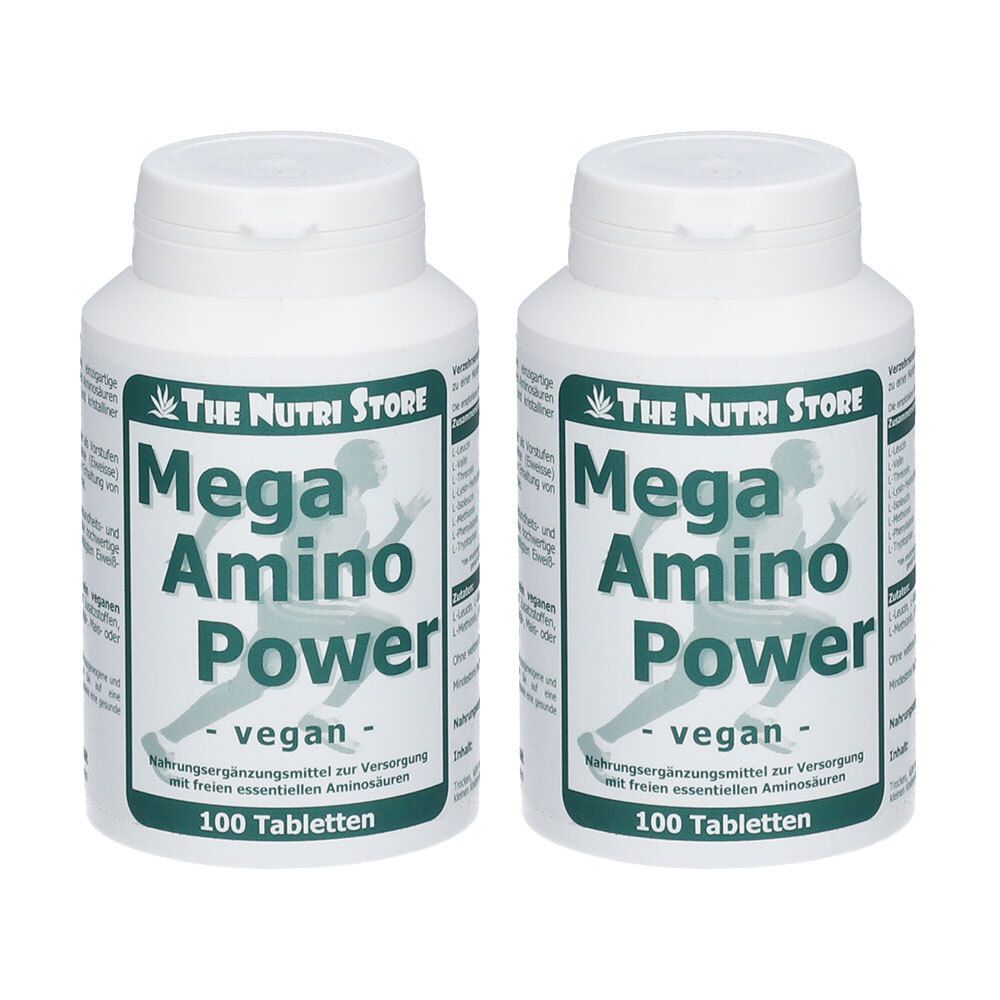 Zwei Flaschen "Mega Amino Power" Nahrungsergänzungsmittel mit je 100 veganen Tabletten.