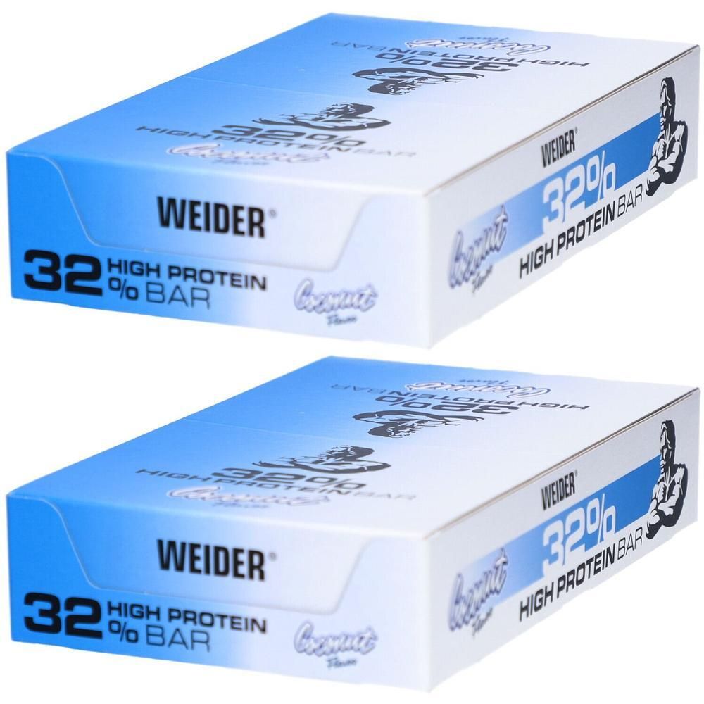 Zwei Proteinriegel-Verpackungen. Aufschrift: Weider 32% High Protein Bar, Kokosnuss-Geschmack. Blaue und weiße Verpackung.