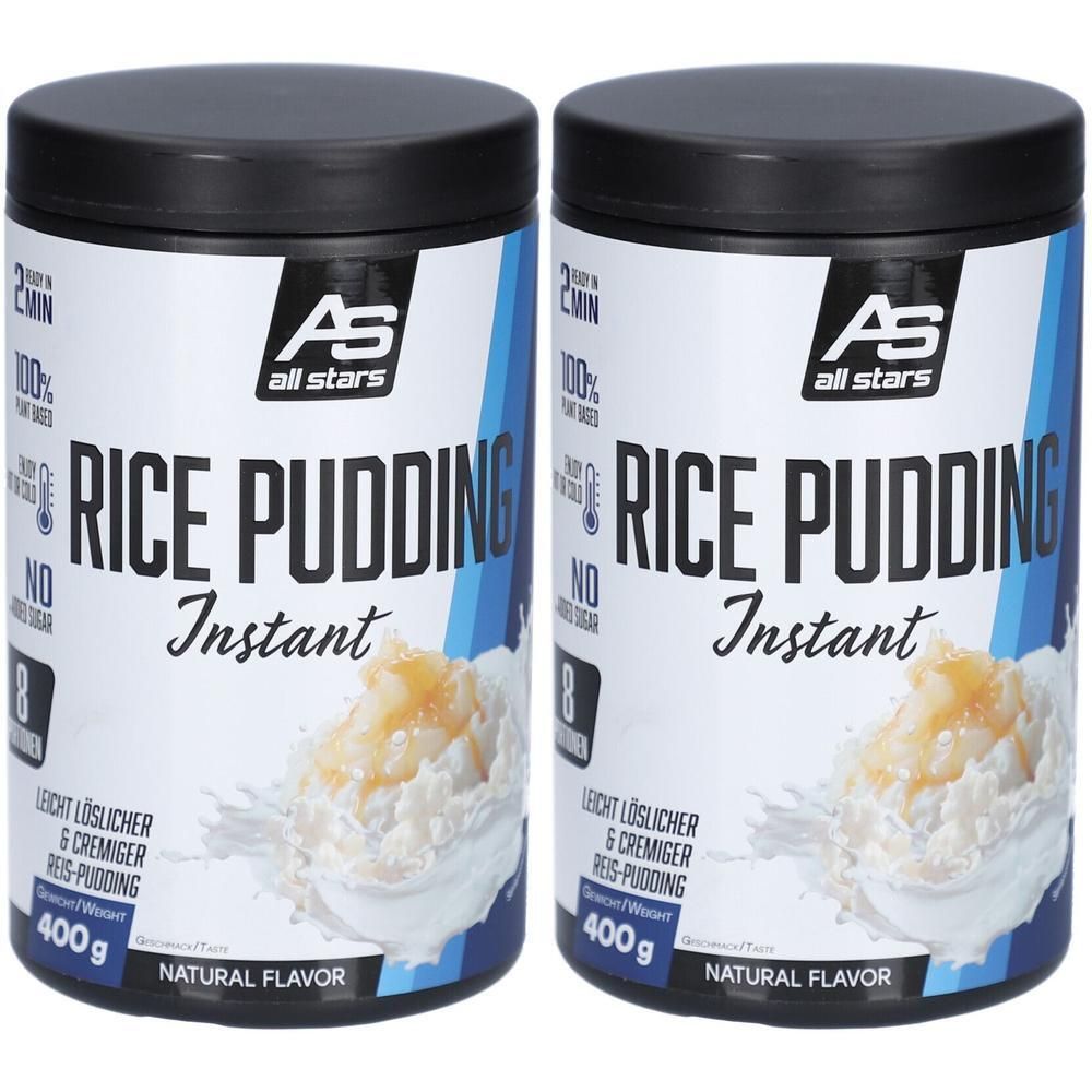 Zwei Dosen Reis-Pudding, schwarze Deckel, blaue und weiße Etiketten. Aufschrift: Rice Pudding Instant, 400g, Natural Flavor. Marke: All Stars.
