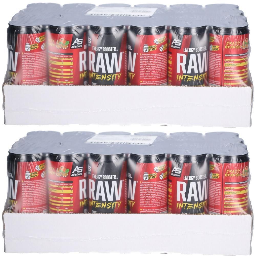 Zwei Reihen mit je 12 Dosen "RAW INTENSITY ENERGY BOOSTER" in Orange.