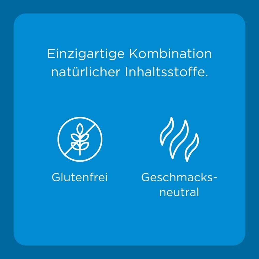 Grafik mit Symbolen. Text: Einzigartige Kombination natürlicher Inhaltsstoffe. Glutenfrei. Geschmacksneutral.