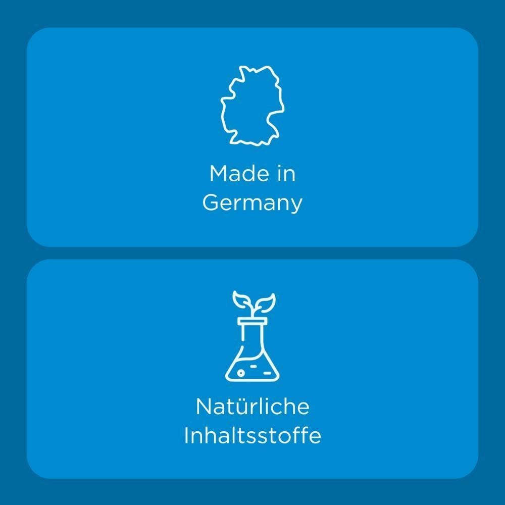 Grafik mit Symbolen. Text: Made in Germany. Natürliche Inhaltsstoffe.