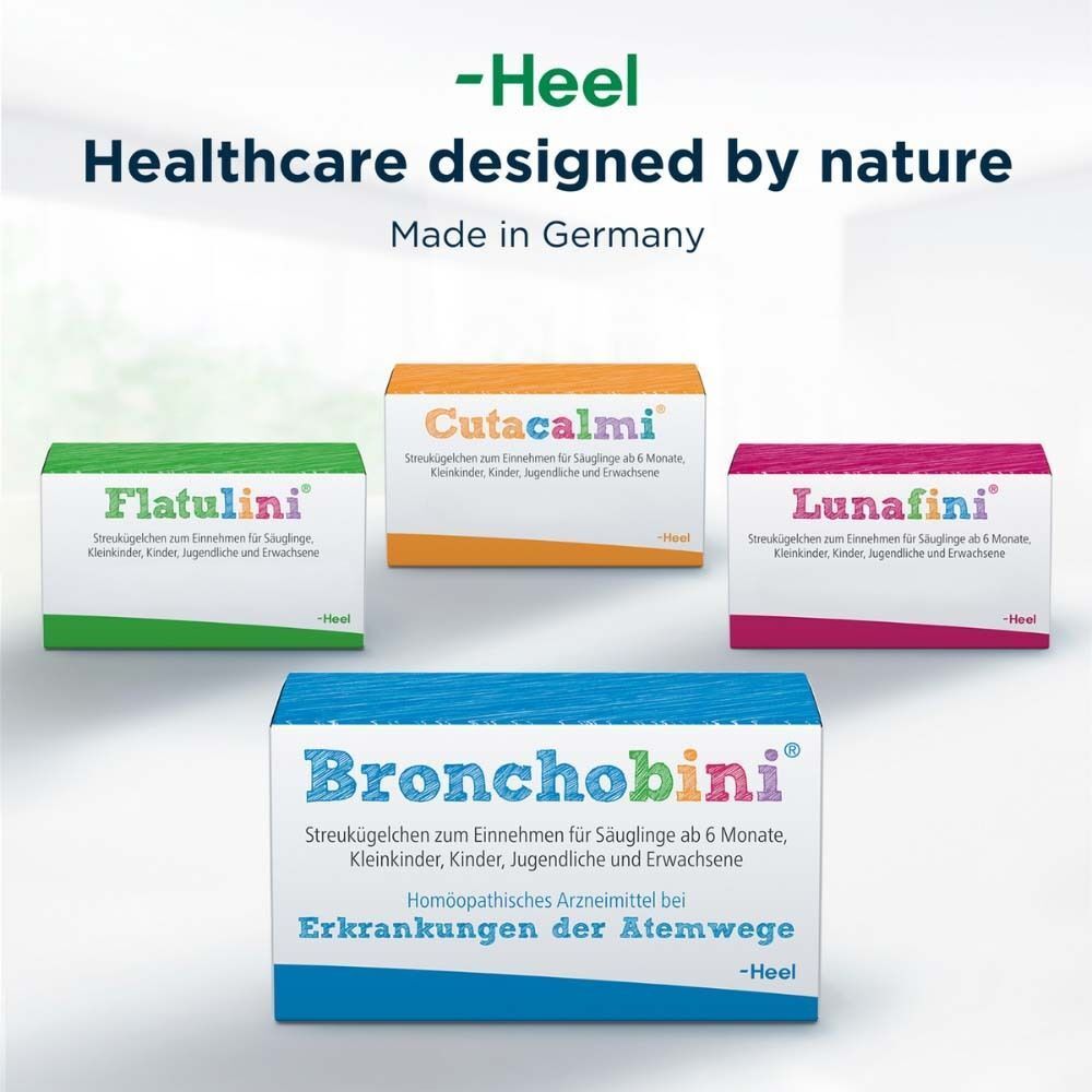 Verschiedene Produktverpackungen. Bronchobini®, Flatulini®, Cutacalmi®, Lunafini®. Text: Healthcare designed by nature. Made in Germany.