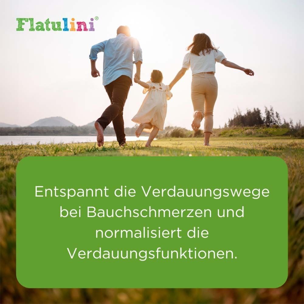 Eltern mit Kind laufen. Text: Entspannt die Verdauungswege bei Bauchschmerzen und normalisiert die Verdauungsfunktionen. Flatulini® Logo.