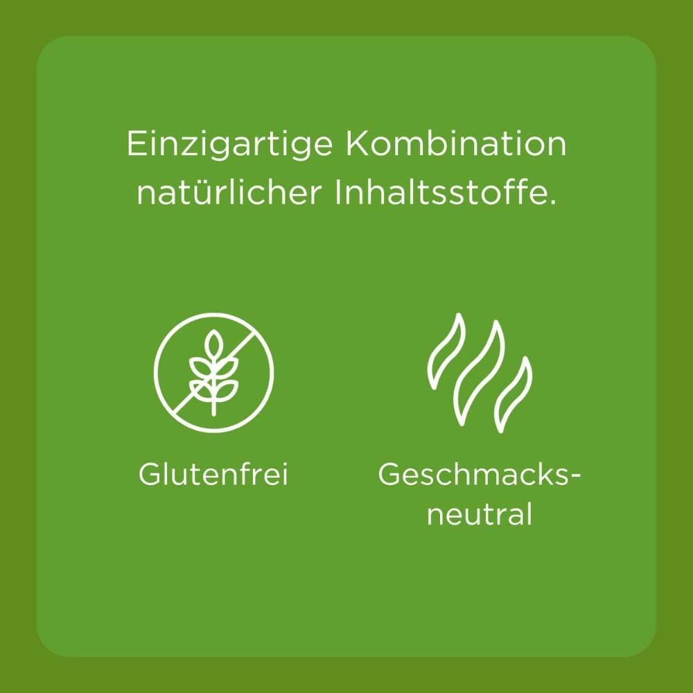 Text: Einzigartige Kombination natürlicher Inhaltsstoffe. Glutenfrei-Symbol. Geschmacksneutral-Symbol.