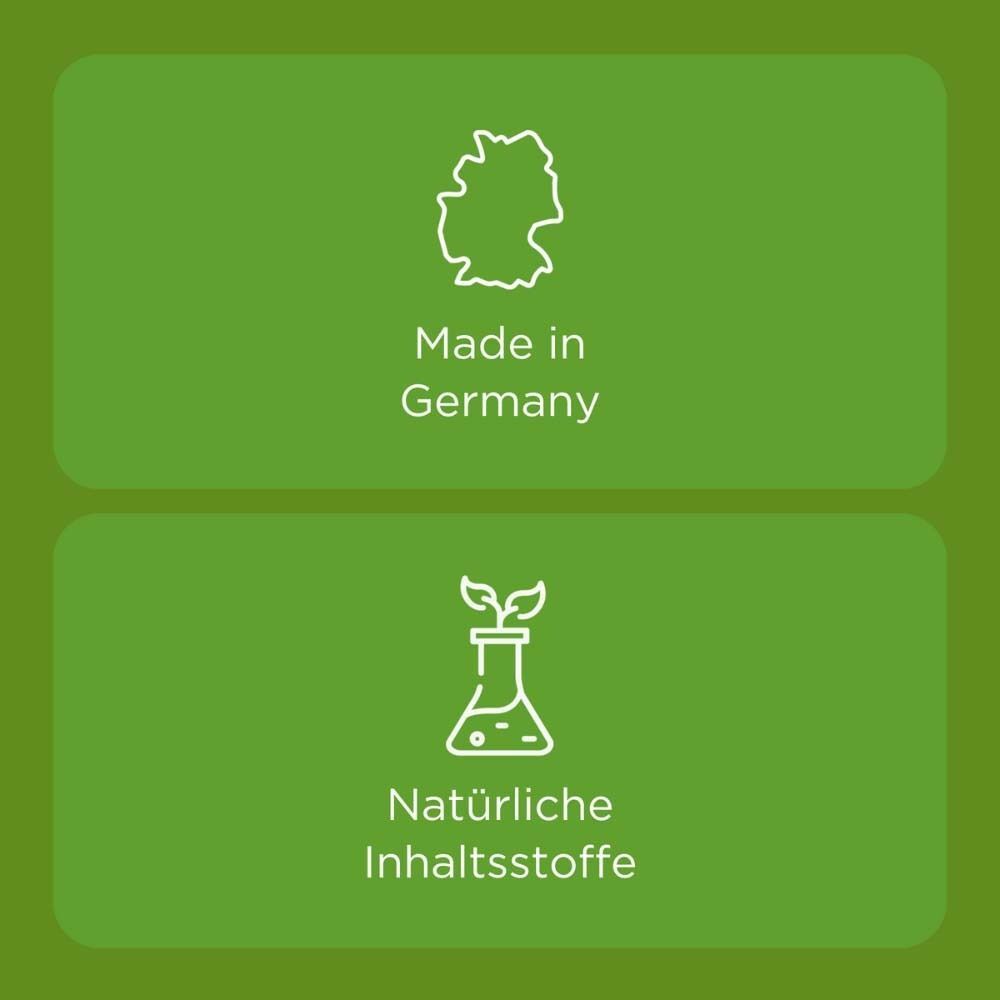 Text: Made in Germany. Symbol: Natürliche Inhaltsstoffe.