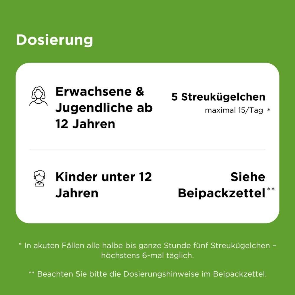 Dosierung: Erwachsene & Jugendliche ab 12 Jahren: 5 Streukügelchen, max. 15/Tag. Kinder unter 12 Jahren: Siehe Beipackzettel.