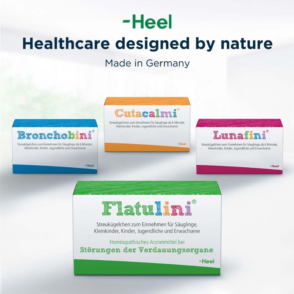 Verschiedene Arzneimittelpackungen. Flatulini® Packung im Vordergrund. Text: Healthcare designed by nature. Made in Germany.
