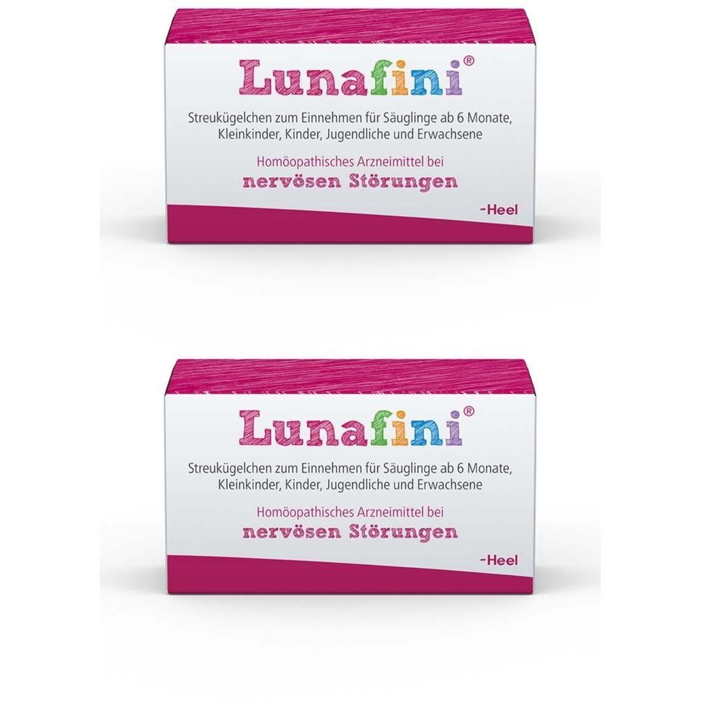 Zwei Schachteln Lunafini®. Aufschrift: Streukügelchen für Säuglinge ab 6 Monaten, Kinder, Jugendliche und Erwachsene. Homöopathisches Arzneimittel.