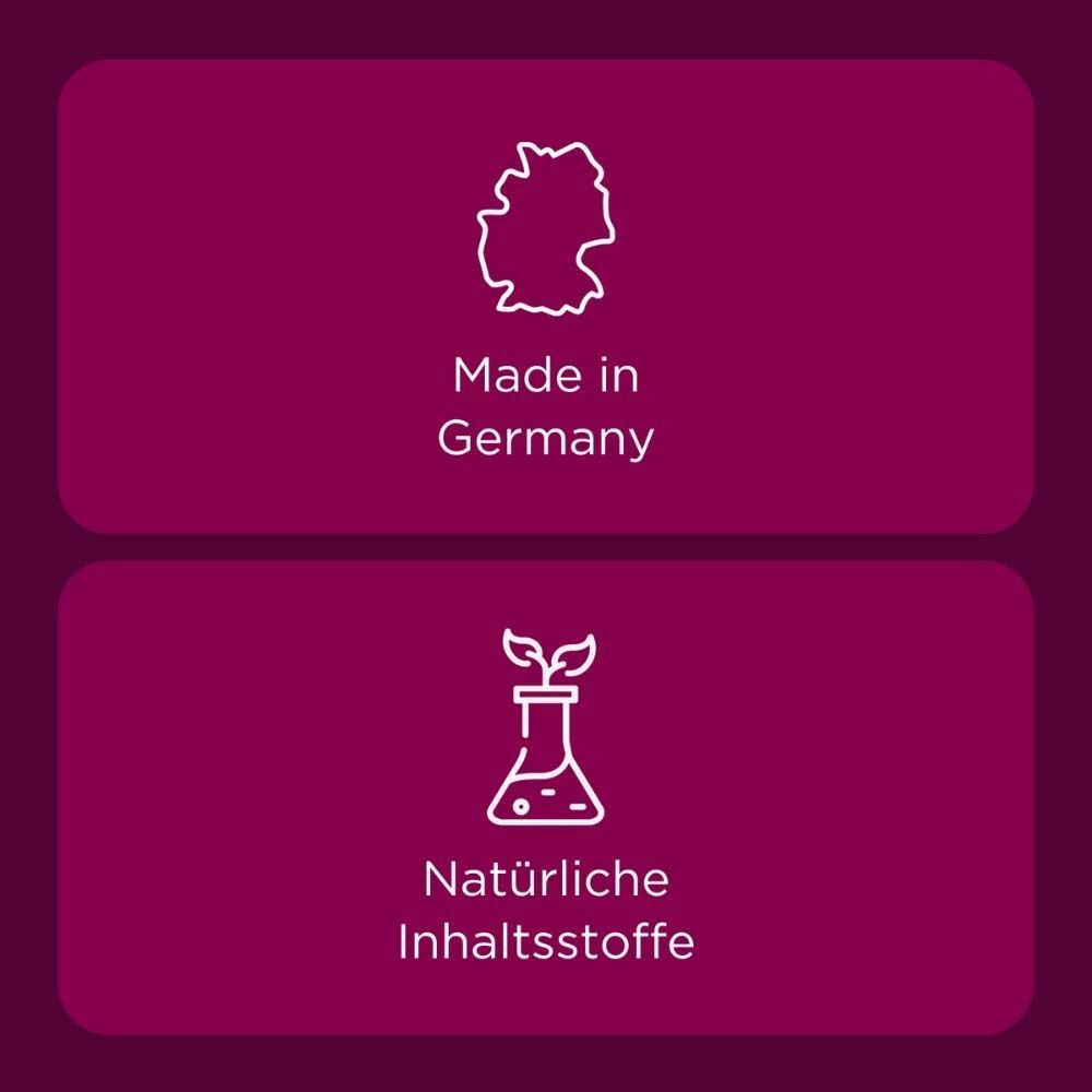 Text: Made in Germany, Natürliche Inhaltsstoffe. Symbole: Deutschlandkarte, Pflanze im Reagenzglas.