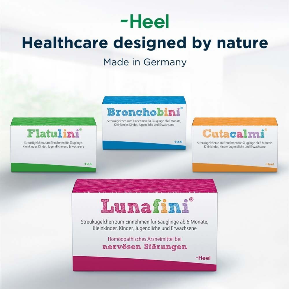 Mehrere Produktverpackungen. Lunafini® und andere Produkte von Heel. Text: Healthcare designed by nature. Made in Germany.