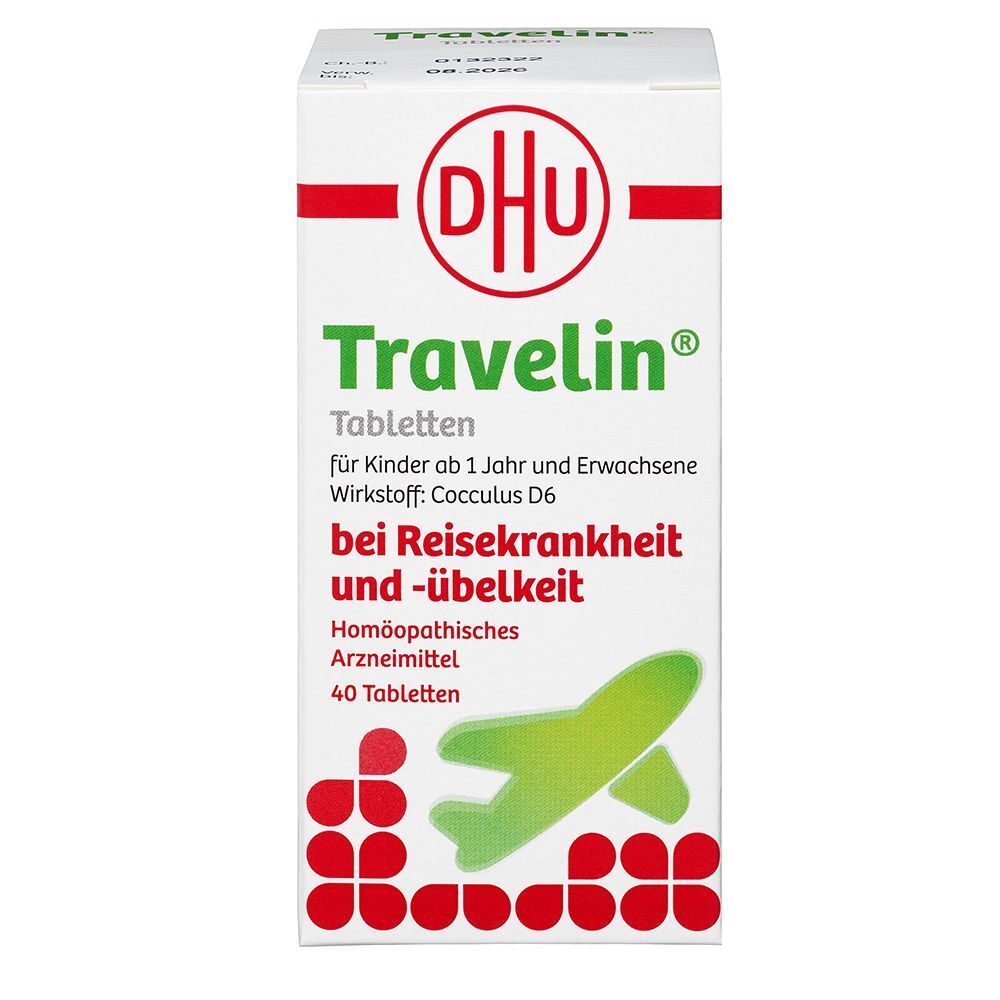 Weißer Karton mit roter und grüner Beschriftung. Oben DHU-Logo, darunter Travelin® und weitere Texte. 40 Tabletten, Homöopathisches Arzneimittel.