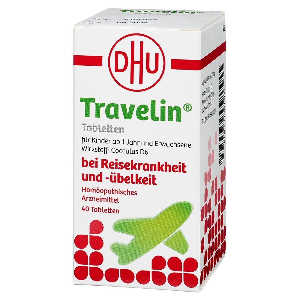 Weißer Karton mit roter und grüner Beschriftung. Oben DHU-Logo, darunter Travelin® und weitere Texte. 40 Tabletten, Homöopathisches Arzneimittel.
