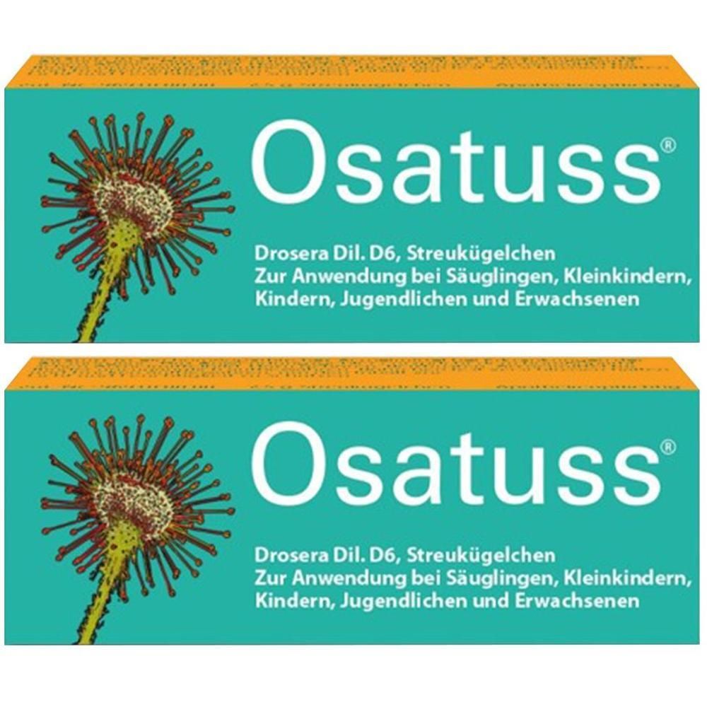 Zwei Schachteln Osatuss. Aufschrift: Drosera Dil. D6, Streukügelchen. Für Säuglinge, Kleinkinder, Kinder, Jugendliche und Erwachsene.