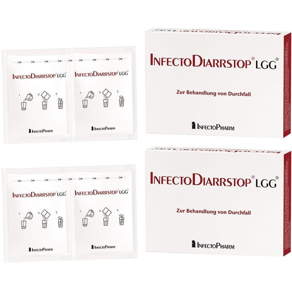 Zwei Päckchen und zwei Schachteln. Auf den Päckchen steht "InfectoDiarrstop LGG". Auf den Schachteln steht "InfectoDiarrstop LGG" und "Zur Behandlung von Durchfall".