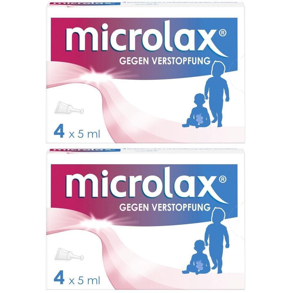 Zwei Packungen Microlax® für Kinder. Jede Packung enthält 4 x 5 ml. Text: Gegen Verstopfung. Abbildung von Kindern.