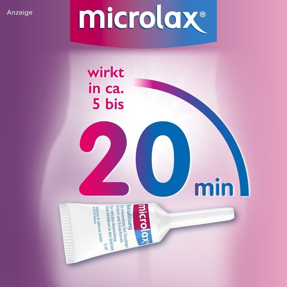 Microlax® Applikator. Wirkt in ca. 5 bis 20 min. Hintergrund in Pink und Blau. Text: Gegen Verstopfung.
