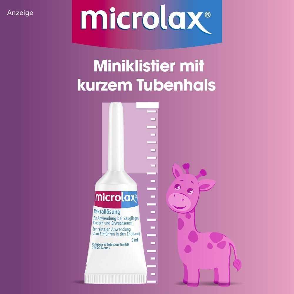 Microlax® Applikator mit kurzem Tubenhals. Maßstab neben rosa Giraffe. Text: Für Kinder und Erwachsene.