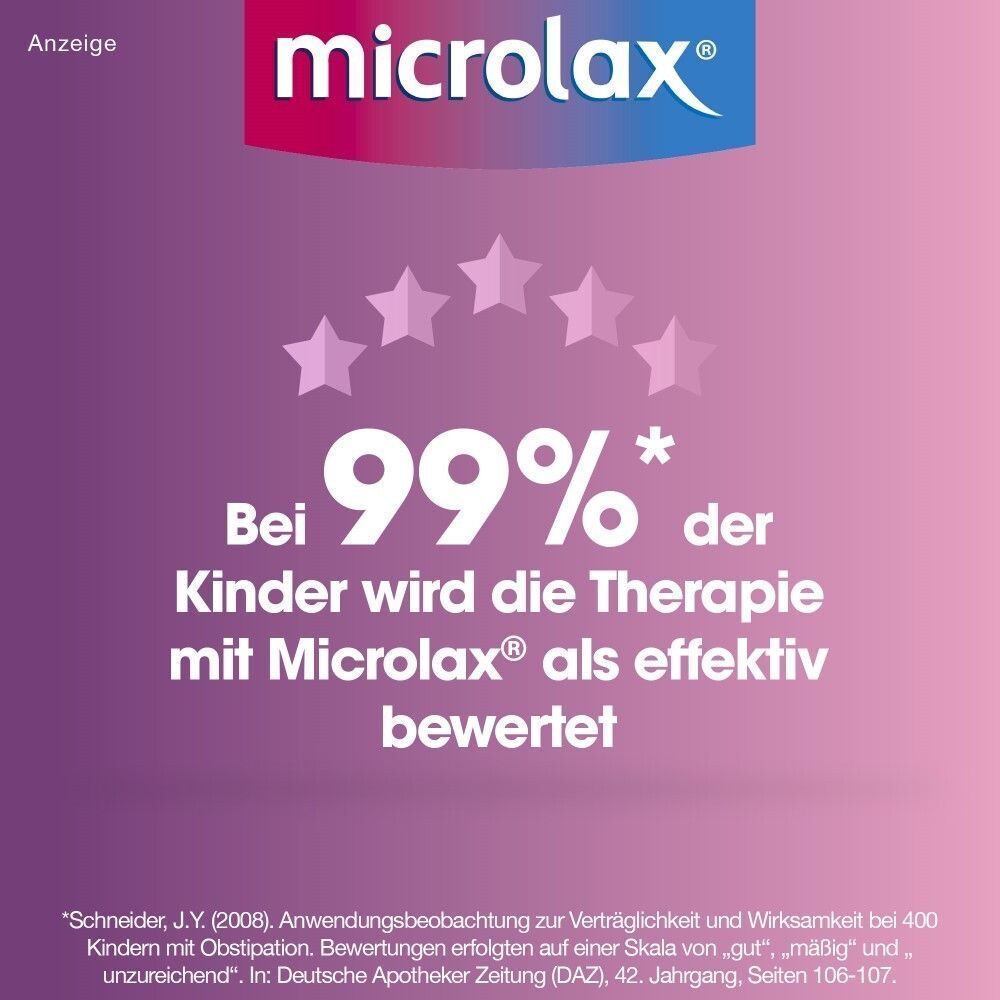 Text: 99% der Kinder bewerten Therapie mit Microlax® als effektiv. Sterne und Microlax® Logo.