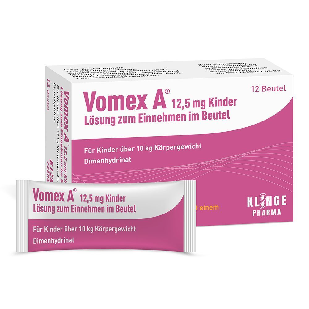 VOMEX A 12,5 mg Kinder Packung und ein einzelner Beutel. Rosa-weiße Verpackung mit Produktinformationen. Klinge Pharma Logo.