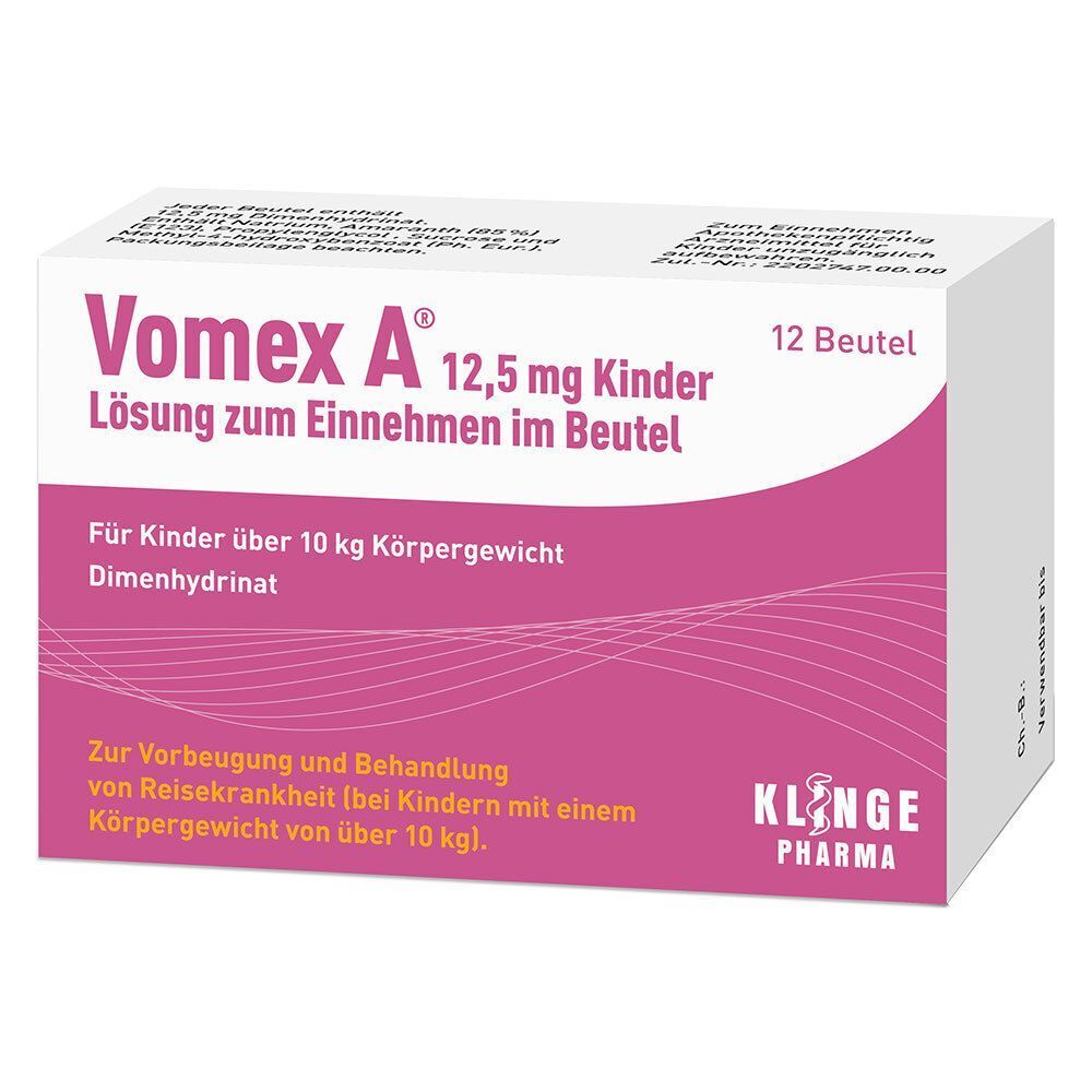 VOMEX A 12,5 mg Kinder Packung. Rosa-weiße Verpackung mit Produktinformationen und 12 Beuteln. Klinge Pharma Logo.