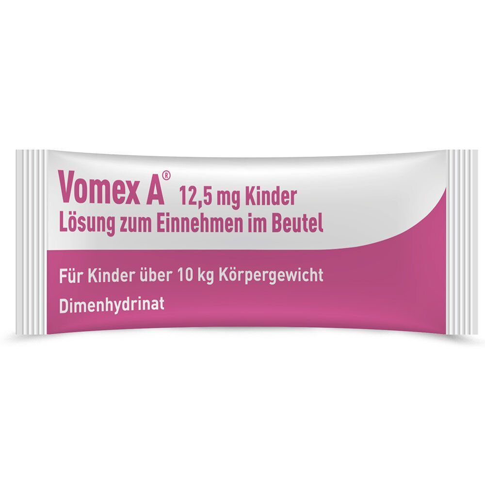 Einzelner VOMEX A 12,5 mg Kinder Beutel. Rosa-weiße Verpackung mit Produktinformationen.