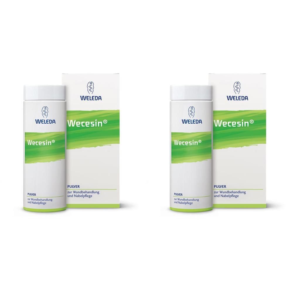 Zwei weiße Behälter mit Deckel und Verpackungen. Aufschrift: Wecesin®, Weleda. Grün-weiße Etiketten.