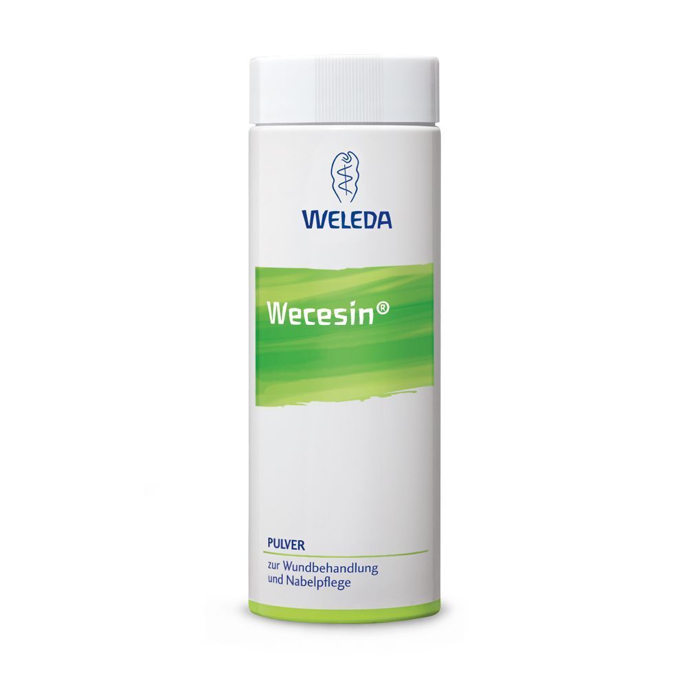 Weißer Behälter mit Deckel. Aufschrift: Wecesin®, Weleda. Grün-weißes Etikett. Pulver für Wundbehandlung und Nabelpflege.