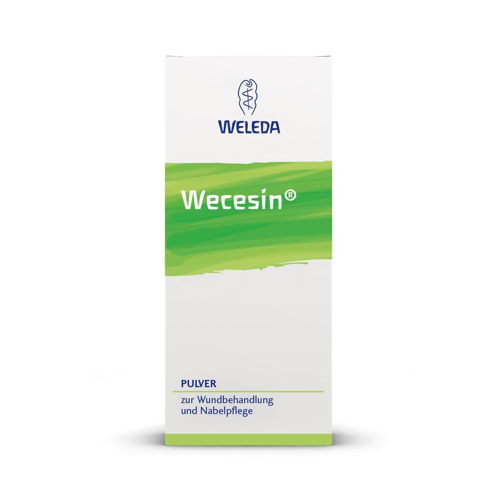 Weiße Verpackung. Aufschrift: Wecesin®, Weleda. Grün-weißes Etikett. Pulver für Wundbehandlung und Nabelpflege.
