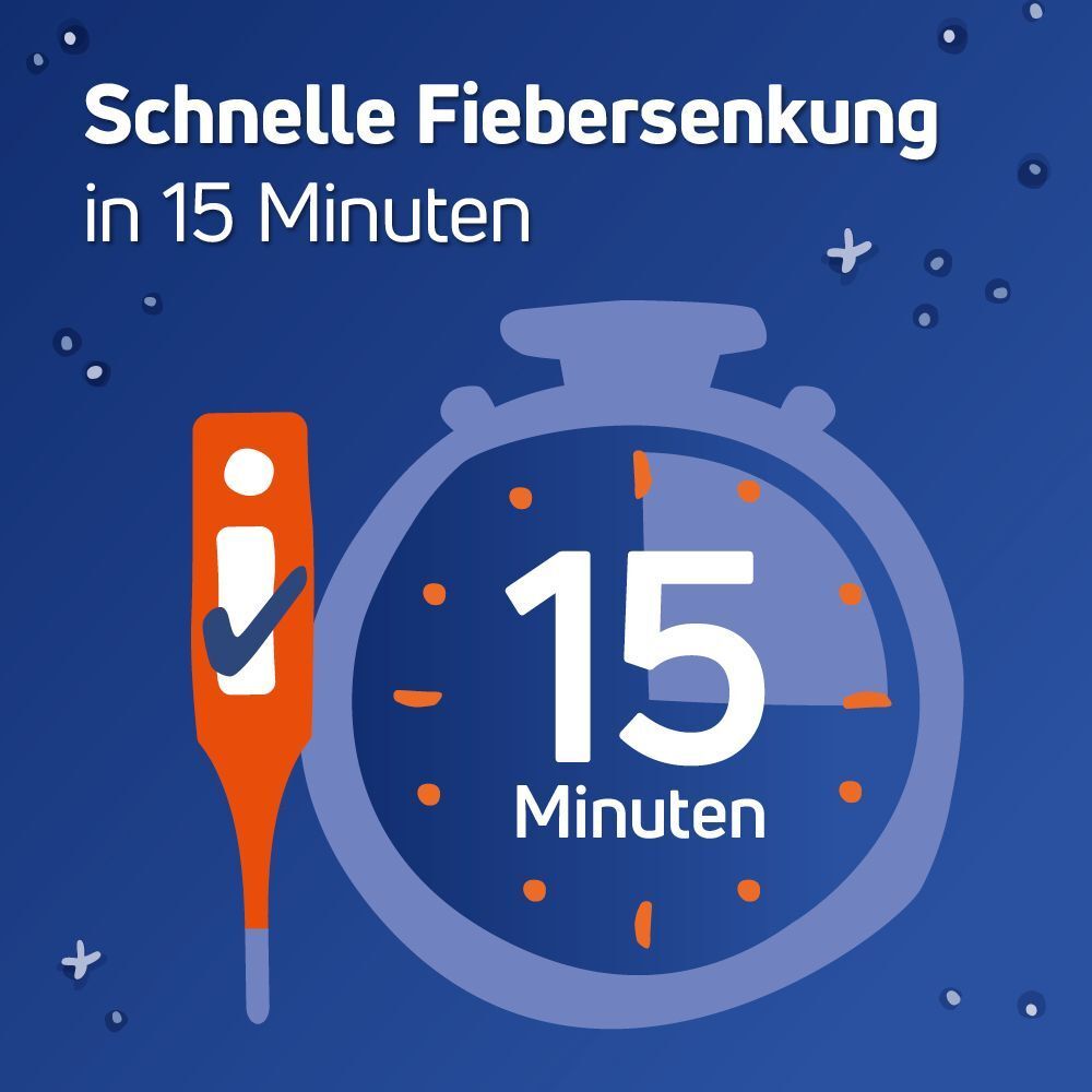 Illustration einer Uhr und Thermometer. Text: Schnelle Fiebersenkung in 15 Minuten.