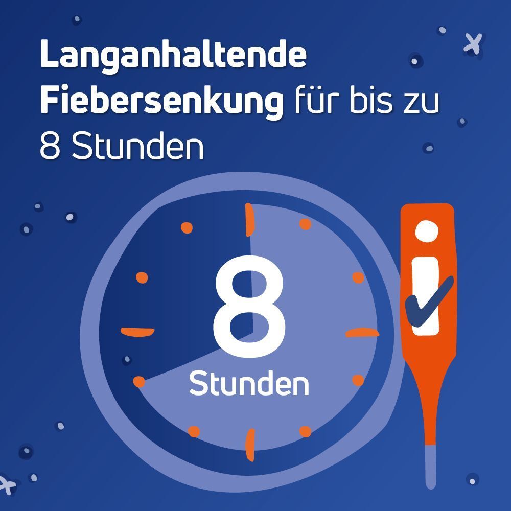 Illustration einer Uhr und Thermometer. Text: Langanhaltende Fiebersenkung für bis zu 8 Stunden.