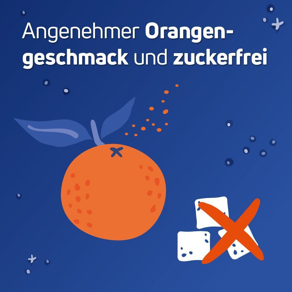 Illustration einer Orange und Zuckerwürfeln mit rotem Kreuz. Text: Angenehmer Orangengeschmack und zuckerfrei.