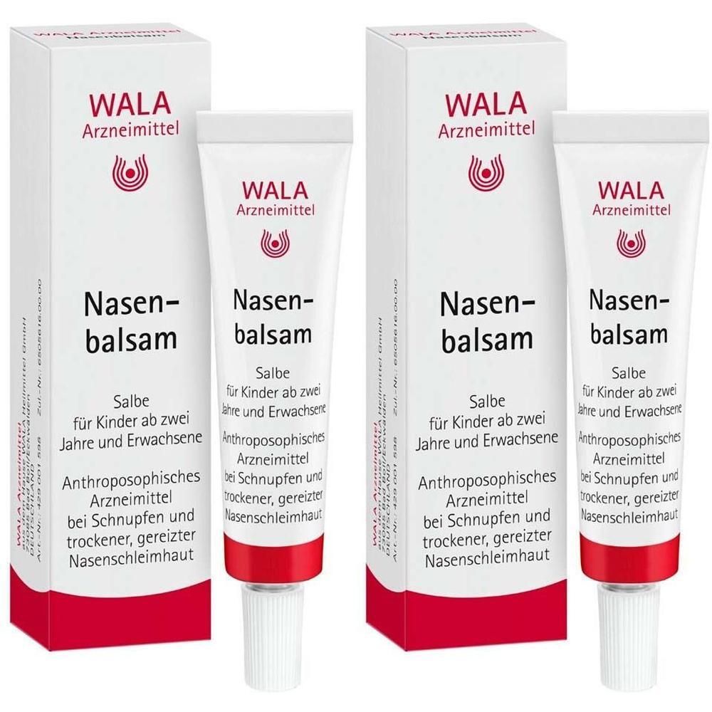 Zwei Tuben und zwei Schachteln. Aufschrift: WALA Arzneimittel, Nasenbalsam. Salbe für Kinder ab zwei Jahren und Erwachsene.