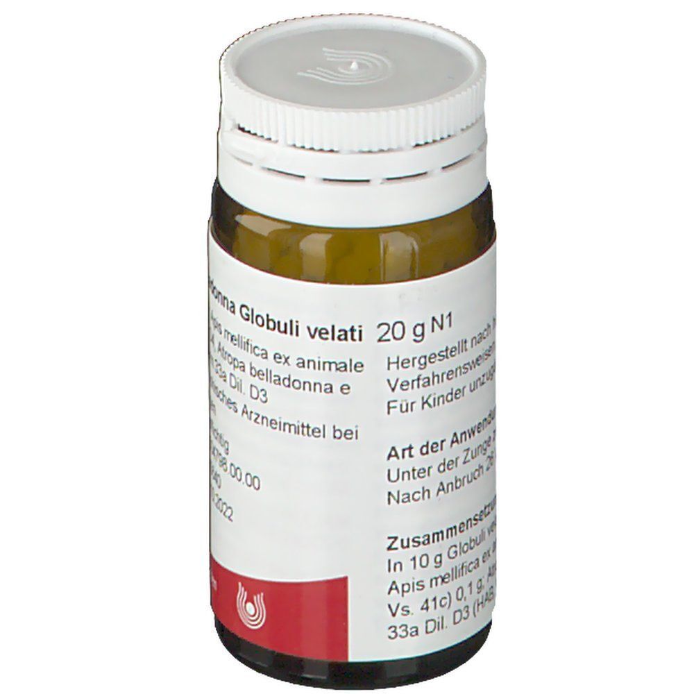 Braune Glasflasche mit weißen Globuli. Aufdruck: WALA Apis Belladonna Globuli velati, 20 g N1.