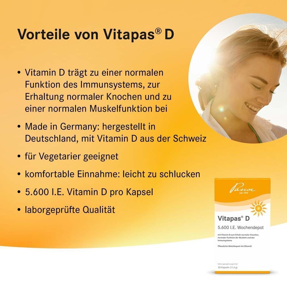 Gelbe Schachtel "Vitapas D" mit Text. Vorteile von Vitamin D. Text über Vitamin D und eine lächelnde Frau.