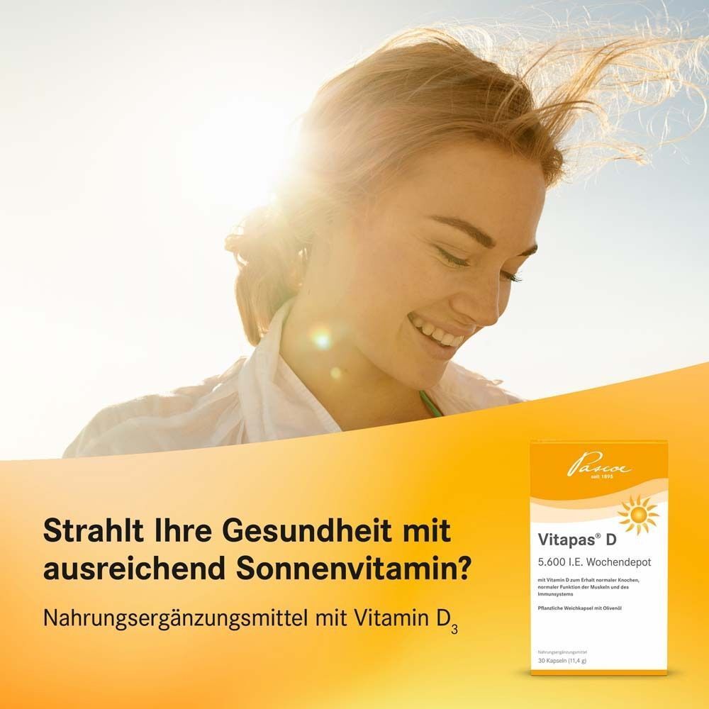 Gelbe Schachtel "Vitapas D" mit Text. Text: Strahlt Ihre Gesundheit mit ausreichend Sonnenvitamin? Frau lächelt.