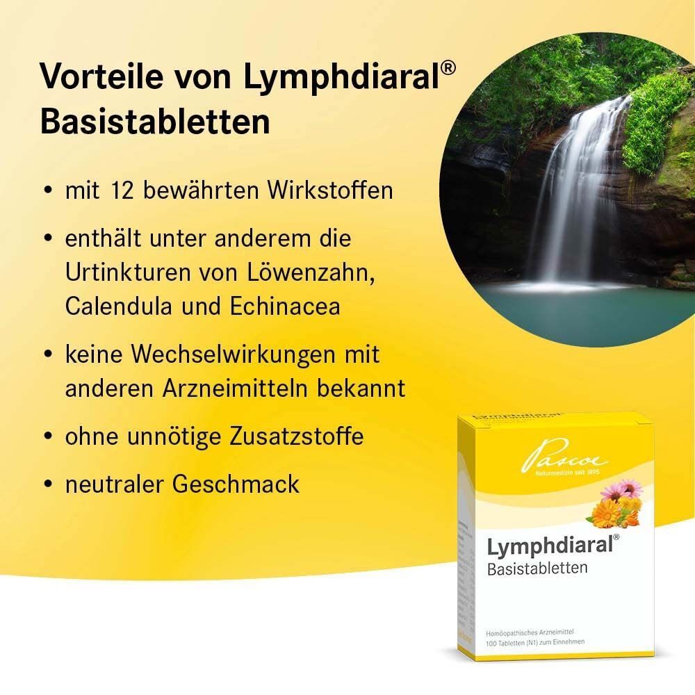 Gelbe Schachtel "Lymphdiaral Basistabletten" mit Text. Vorteile von Lymphdiaral. Wasserfall im Hintergrund.