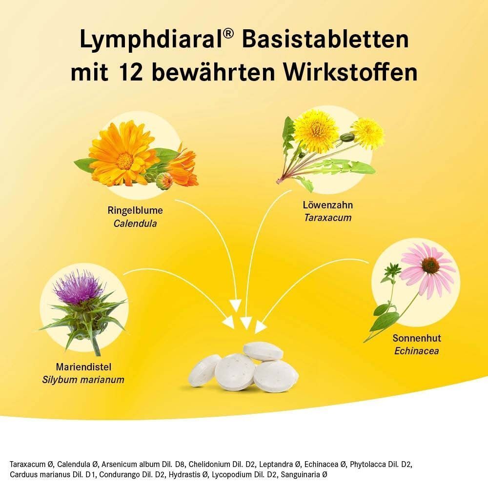 Tabletten und Kräuter. Text: Lymphdiaral Basistabletten mit 12 bewährten Wirkstoffen. Kräuter-Abbildung.
