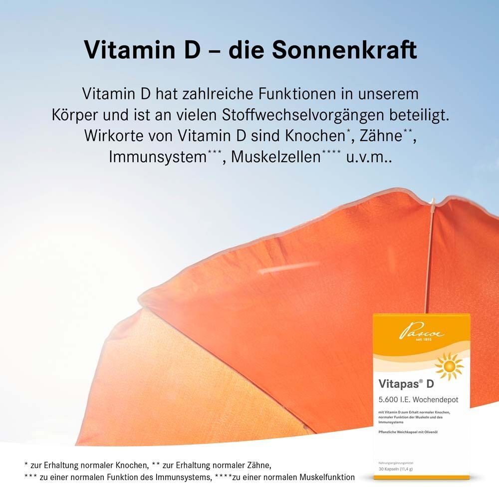Gelbe Schachtel "Vitapas D" mit Text. Text: Vitamin D - die Sonnenkraft. Text über Vitamin D.