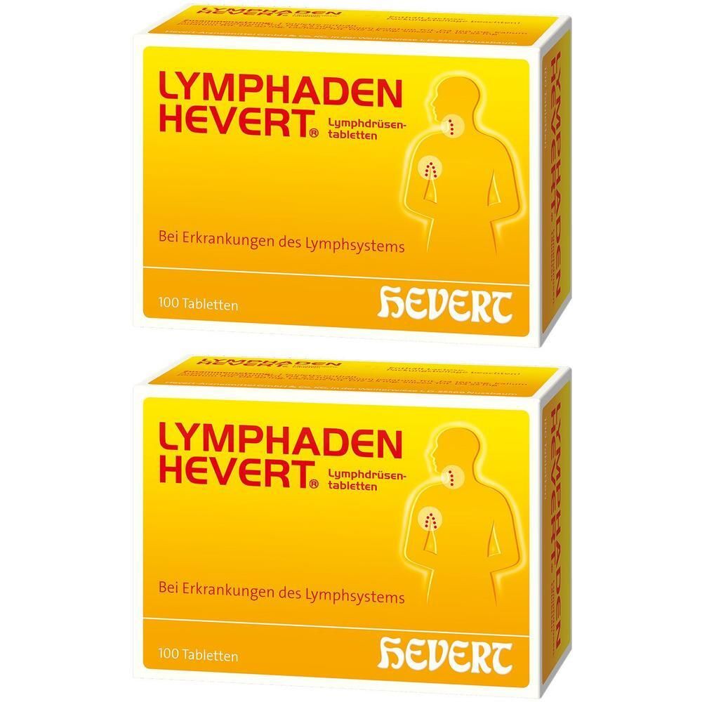 Zwei Schachteln Lymphaden Hevert. Gelbe Verpackung mit Produktnamen, Abbildung eines Körpers und Text. 100 Tabletten.