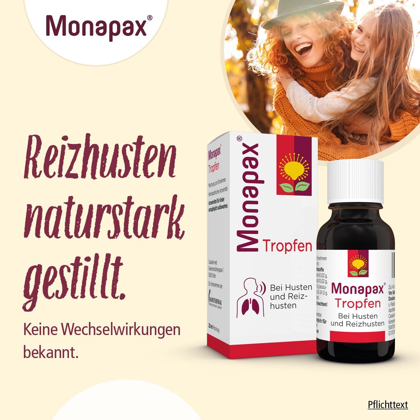 Monapax Tropfen Flasche und Schachtel. Frau und Kind umarmen sich im Hintergrund. Text: Reizhusten naturstark gestillt.
