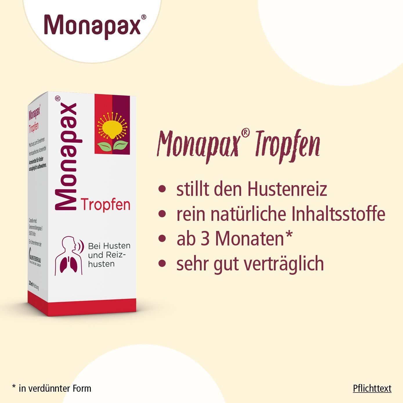 Monapax Tropfen Flasche und Schachtel. Text: stillt den Hustenreiz, rein natürliche Inhaltsstoffe, ab 3 Monaten, sehr gut verträglich.